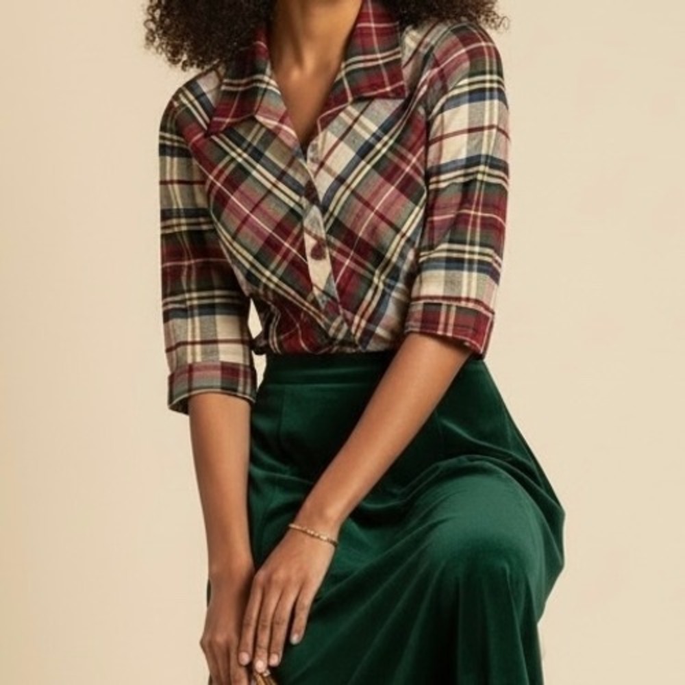Vintage Coldwater Creek Silk Plaid Blouse Women's Large Christmas Preppy Classic